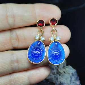 Glass Art Intaglio Glass Turtle Earrings Intaglio Silver Ancient  Art Vintage Over 24K Gold