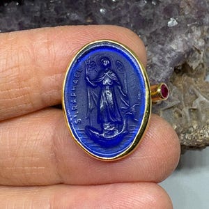 Intaglio Glass Saint Raphael Ring ,Glass Art Intaglio Silver Ring ,Ancient Greek Art Vintage 24K Gold Over
