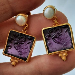 Intaglio Glass Antique Greek Mythology Owl Earrings  Glass Art Intaglio Silver Earring Ancient Greek Art Vintage 24K Gold Over