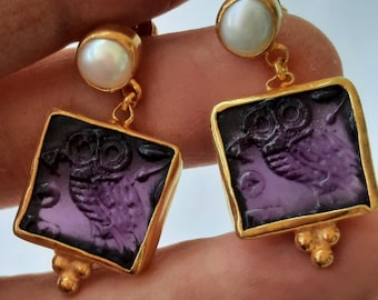 Intaglio Glass Antique Greek Mythology Owl Earrings  Glass Art Intaglio Silver Earring Ancient Greek Art Vintage 24K Gold Over