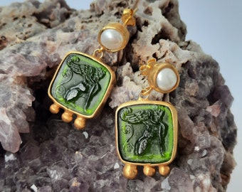 Ancient Greek Sphinx With Pearl Glass Art Intaglio Silver Earring Ancient Greek Art Vintage Charm 24K Gold Over
