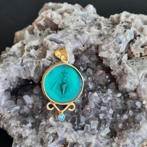 Intaglio Glass Pendant Greek Ephesus Bee Pendant Glass Art Intaglio Silver Pendant Ancient Greek  Art Vintage Charm 24K Gold Over