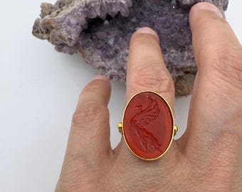 Intaglio Glass Phoenix Ring , Glass Art Intaglio Silver Ring ,Ancient Greek  Art Vintage 24K Gold Over