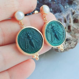 Intaglio Glass Antique Greek Ephesus Bee  Earrings with Pearl , Glass Art Intaglio Silver Earring Ancient Greek Art Vintage 24K Gold Over