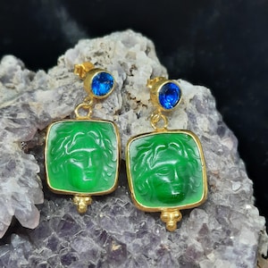Intaglio Glass Apollon Earrings with Zircon, Glass Art Intaglio Silver Earring  Art Vintage 24K Gold Over