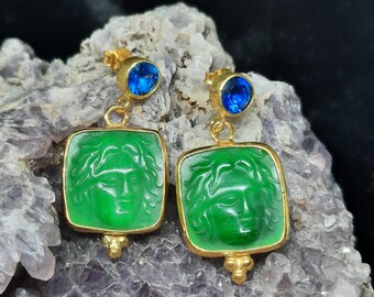 Intaglio Glass Apollon Earrings with Zircon, Glass Art Intaglio Silver Earring  Art Vintage 24K Gold Over
