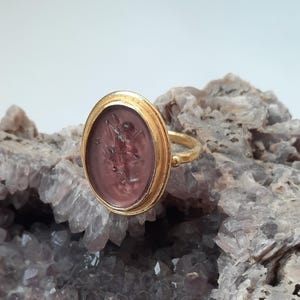 Intaglio Glass Saint Michael Ring ,Glass Art Intaglio Silver Ring ,Ancient Greek Art Vintage 24K Gold Over