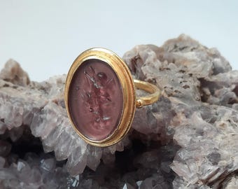 Intaglio Glass Saint Michael Ring ,Glass Art Intaglio Silver Ring ,Ancient Greek Art Vintage 24K Gold Over