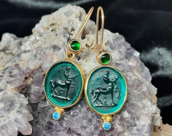 Intaglio Glass Antique Greek Mythology  Centaur Earrings  Glass Art Intaglio Silver Earring Ancient Greek Art Vintage 24K Gold Over