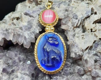 Intaglio Glass  Cat Pendant with Cat Eye's, Glass Art Intaglio Silver Pendant, Ancient Art Vintage Charm 24K Gold Over