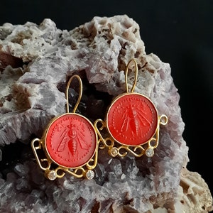 Intaglio Glass Antique  Greek Ephesus Bee  Earrings  Glass Art Intaglio Silver Earring Ancient Greek Art Vintage 24K Gold Over