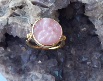 Intaglio Glass Saints Mary and Jesus Ring, Glass Art Intaglio Silver Ring ,Ancient Greek  Art Vintage 24K Gold Over