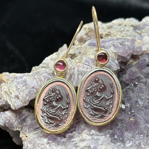 Intaglio Glass Saint Christopher Earrings  Glass Art Intaglio Silver Ancient Greek Art Vintage 24K Gold Over