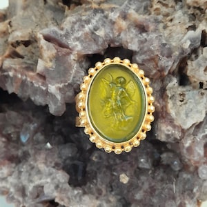 Intaglio Glass Saint Michael Ring ,Glass Art Intaglio Silver Ring ,Ancient Greek Art Vintage 24K Gold Over