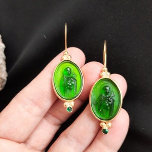 Intaglio Glass Saint Teresa Earrings  Glass Art Intaglio Silver Ancient Roman Art Vintage 24K Gold Over