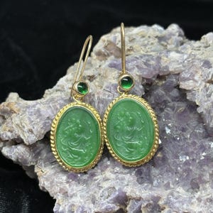 Intaglio Glass Saint Christopher Earrings  Glass Art Intaglio Silver Ancient Greek Art Vintage 24K Gold Over