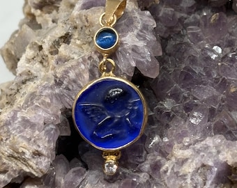 Antique Angel with Zircon Pendant, Glass Art Intaglio Silver Pendant, Ancient Greek Art Vintage Charm 24K Gold Over