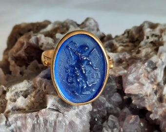Intaglio Glass Saint Michael Ring ,Glass Art Intaglio Silver Ring ,Ancient Greek Art Vintage 24K Gold Over
