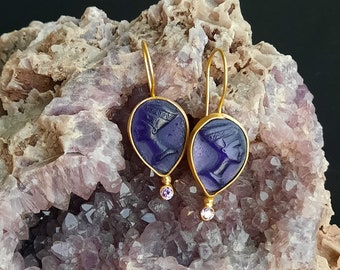 Diepdruk glas Egyptische koningin Nefertiti oorbel glaskunst diepdruk zilveren oorbel oude Egyptische kunst vintage charme 24 kt goud