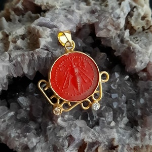 Intaglio Glass Pendant Greek Ephesus Bee Pendant Glass Art Intaglio Silver Pendant Ancient Greek  Art Vintage Charm 24K Gold Over