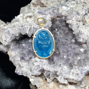 Intaglio Glass Owl Pendant , Glass Art Intaglio Silver Pendant, Ancient Art Vintage Charm 24K Gold Over