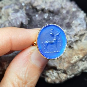 Anillo de centauro de mitología griega antigua con grabado en vidrio, anillo de plata con grabado en vidrio, arte griego antiguo vintage con oro de 24 quilates.