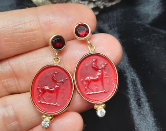 Intaglio Glass Antique Greek Mythology  Centaur Earrings  Glass Art Intaglio Silver Earring Ancient Greek Art Vintage 24K Gold Over