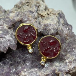 Intaglio Glass Angel Earring With Zircon Glass Art Intaglio Silver Earring Ancient Greek Art Vintage Charm 24K Gold Over
