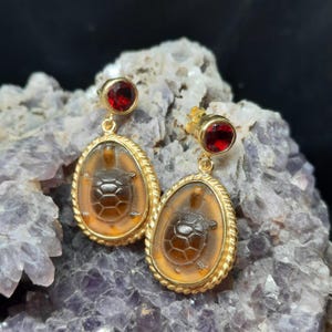 Glass Art Intaglio Glass Turtle Earrings Intaglio Silver Ancient  Art Vintage Over 24K Gold