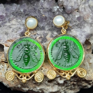 Intaglio Glass Antique  Greek Ephesus Bee  Earrings  Glass Art Intaglio Silver Earring Ancient Greek Art Vintage 24K Gold Over