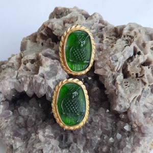 Intaglio Glass Antique Greek Mythology Owl Earrings  Glass Art Intaglio Silver Earring Ancient Greek Art Vintage 24K Gold Over