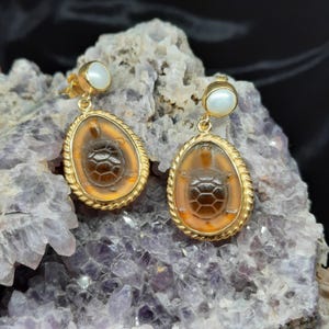 Glass Art Intaglio Glass Turtle Earrings Intaglio Silver Ancient  Art Vintage Over 24K Gold