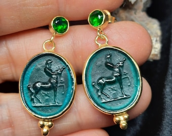 Intaglio Glass Antique Greek Mythology  Centaur Earrings  Glass Art Intaglio Silver Earring Ancient Greek Art Vintage 24K Gold Over