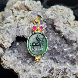 Antique Greek Mythology Centaur Pendant with Zircon , Glass Art Intaglio Silver Pendant, Ancient Greek Art Vintage Charm 24K Gold Over