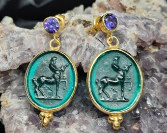 Intaglio Glass Antique Greek Mythology  Centaur Earrings  Glass Art Intaglio Silver Earring Ancient Greek Art Vintage 24K Gold Over