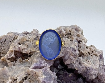 Intaglio Glass Phoenix Ring , Glass Art Intaglio Silver Ring ,Ancient Greek  Art Vintage 24K Gold Over