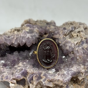 Intaglio Glass Saint Raphael Ring ,Glass Art Intaglio Silver Ring ,Ancient Greek Art Vintage 24K Gold Over