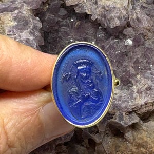 Anillo de Nuestra Señora del Perpetuo Socorro con grabado en vidrio, anillo de plata con grabado en vidrio, arte griego antiguo vintage, oro de 24 quilates.