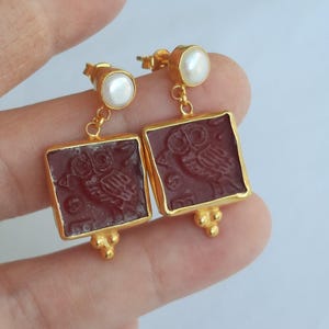 Intaglio Glass Antique Greek Mythology Owl Earrings with Pearl,  Glass Art Intaglio Silver Earring Ancient Greek Art Vintage 24K Gold Over