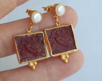 Intaglio Glass Antique Greek Mythology Owl Earrings with Pearl,  Glass Art Intaglio Silver Earring Ancient Greek Art Vintage 24K Gold Over