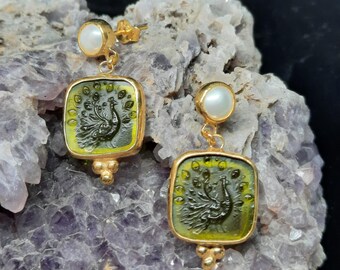 Ancient Greek Peacock With Pearl Glass Art Intaglio Silver Earring Ancient Greek Art Vintage Charm 24K Gold Over