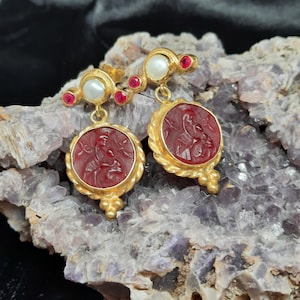 Intaglio Glass Saints Mary and Jesus With Pearl Earring  Glass Art Intaglio Silver Earring Ancient Roman Art Vintage Charm 24K Gold Over