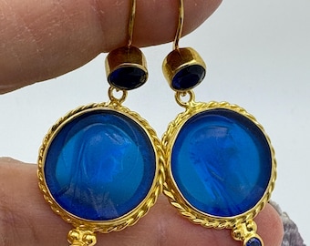 Intaglio Glass Saint Virgin Mary Earrings  Glass Art Intaglio Silver Ancient Greek Art Vintage 24K Gold Over