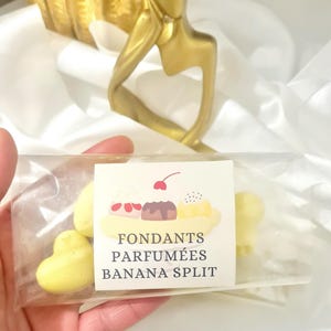 Peut inclure: Un emballage en plastique transparent contenant des cires parfumées en forme de cœur jaune. Une étiquette blanche sur le devant présente un dessin de banana split avec trois boules de glace et une cerise, avec le texte FONDANTS PARFUMÉES BANANA SPLIT.