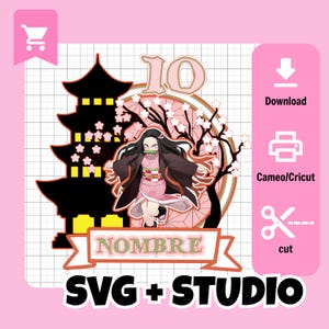 May include: A digital graphic featuring an anime character in a pink kimono, set against a backdrop of a Japanese pagoda and cherry blossoms. The number "10" is displayed above the character, with the word "NOMBRE" below. The image includes the text "SVG + STUDIO".