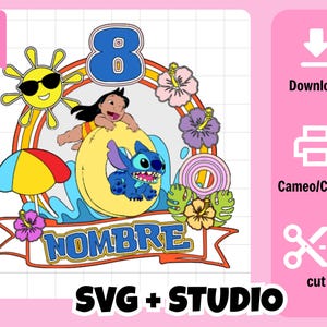 Op de afbeelding: Een kleurrijke afbeelding met het nummer 8, een cartoonzon met zonnebril en personages uit een populaire animatiefilm. Het ontwerp bevat een banner met de tekst "NOMBRE" en de tekst "SVG + STUDIO".