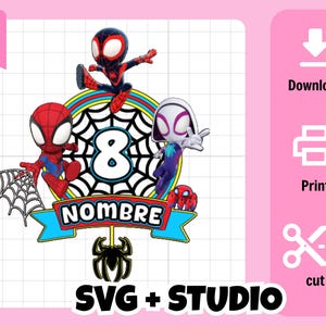May include: A vibrant digital design showcasing Spider-Man characters, a web, and the number 8. The design includes the word "NOMBRE" and the text "SVG + STUDIO". Icons for download, print, and cut are also present.