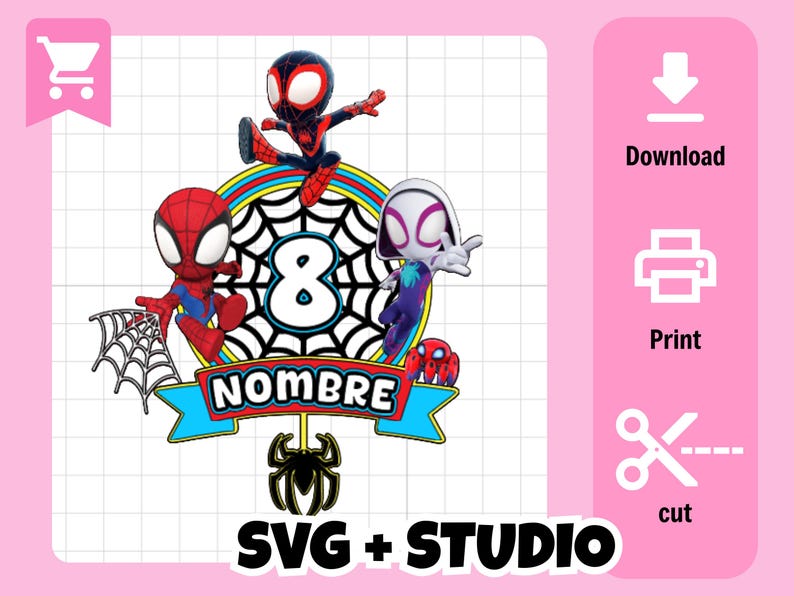May include: A vibrant digital design showcasing Spider-Man characters, a web, and the number 8. The design includes the word "NOMBRE" and the text "SVG + STUDIO". Icons for download, print, and cut are also present.