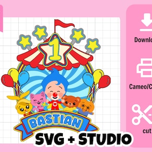 May include: A colorful digital design featuring a circus tent with the number 1 in a star, surrounded by cartoon characters and balloons. The name "Bastian" is displayed on a banner. Text at the bottom reads "SVG + STUDIO".