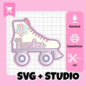 May include: A pastel-colored roller skate design with the number 7 and the word "Nombre" in script. The design includes a pink shopping cart icon, download, print, and cut icons, and the text "SVG + STUDIO".